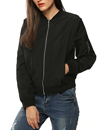 Zeagoo Chaqueta para mujer, ligera, estilo bomber, con cremallera, fina, colección de 2017, para otoño y primavera, color negro/verde/rojo negro negro