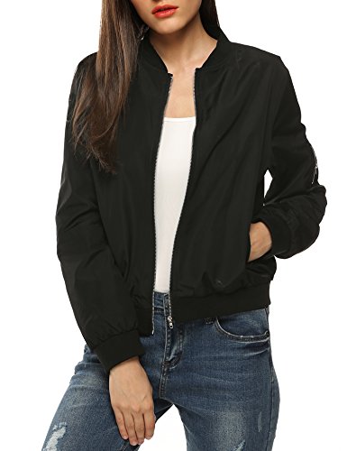 Zeagoo Chaqueta para mujer, ligera, estilo bomber, con cremallera, fina, colección de 2017, para otoño y primavera, color negro/verde/rojo negro negro