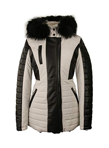 Zerimar Abrigo Piel Mujer | Chaqueta Cuero Mujer | Abrigo de Pelo | Abrigo Cuello Zorro | Chaqueta Piel Larga Mujer | Abrigo Elegante Mujer | Abrigo Plumon Mujer Casual | Color: Blanco y Negro Talla: