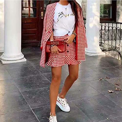 ZHD Mujer Invierno Rebajas Elegantes Talla Grande Chaqueta Los llenos de la Manga de la Tela Escocesa Doble de Pecho Abrigo de Lana Chaqueta de Cuadros de Invierno Outwear,Rojo,S