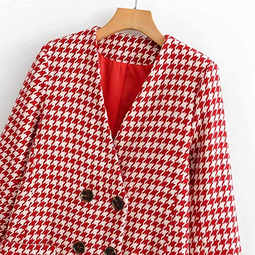ZHD Mujer Invierno Rebajas Elegantes Talla Grande Chaqueta Los llenos de la Manga de la Tela Escocesa Doble de Pecho Abrigo de Lana Chaqueta de Cuadros de Invierno Outwear,Rojo,S