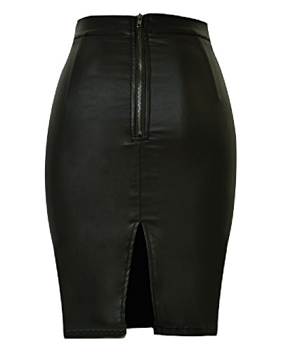 ZhuiKun Mujer Falda Midi Vaquera Elástico Cuero del Faux De Tubo con Abertura Trasera Negro 44