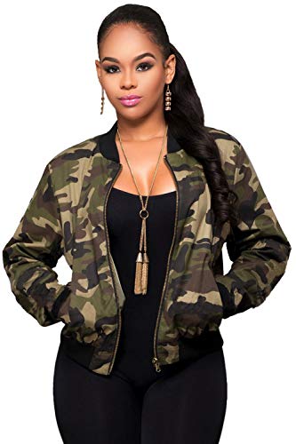Zilcremo Las Mujeres Caen Casual Cremallera Estampado Camuflaje Camo Bomber Chaqueta Militar del Ejército Outcoat Camouflage M