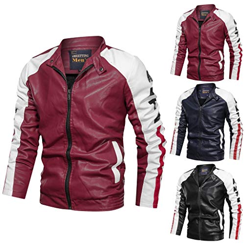 ZODOF Cuero Real Moda Abrigos Chaquetas Otoño Invierno Espesa de la Chaqueta Guapo Abrigo Militar Solapa Chaqueta Biker De Cuero Autentica para Hombre con Diseno De Hombros,rojo