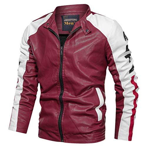 ZODOF Cuero Real Moda Abrigos Chaquetas Otoño Invierno Espesa de la Chaqueta Guapo Abrigo Militar Solapa Chaqueta Biker De Cuero Autentica para Hombre con Diseno De Hombros,rojo