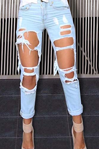 Zonsaoja Mujer Vaqueros Agujero Rotos Casual Suelto Denim Pantalones Jeans Lightblue S