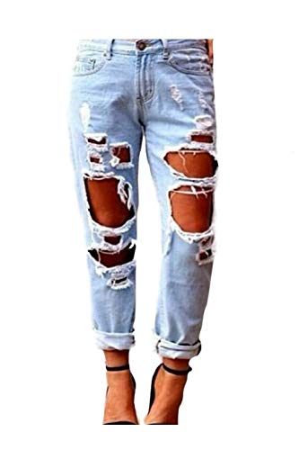 Zonsaoja Mujer Vaqueros Agujero Rotos Casual Suelto Denim Pantalones Jeans Lightblue S