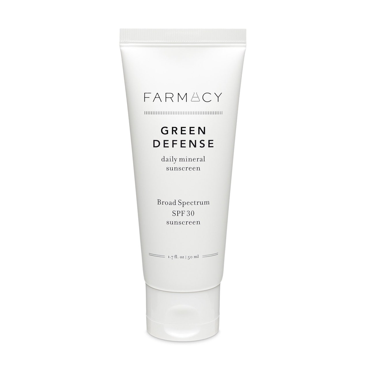 A white bottle of Farmacy Green Defense Daily Sunscreen SPF 30 on white background