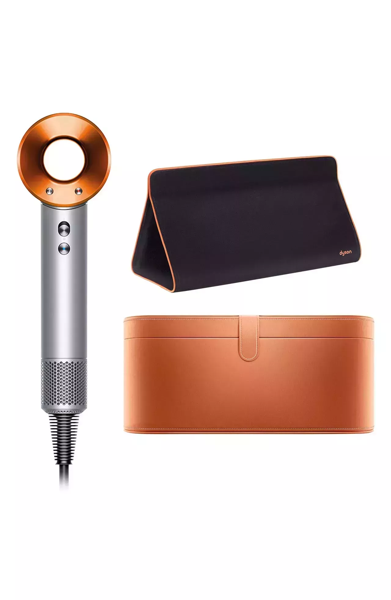 Dyson hair-dryer, black pouch, and copper case on white background