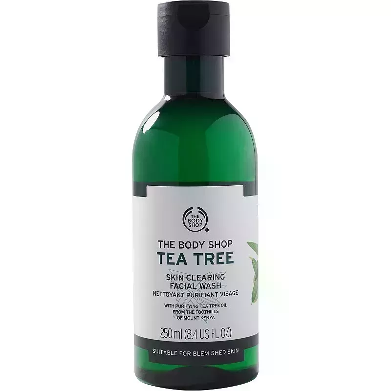 bottle of The Body Shop Tea Tree Skin Clearing Facial wash on a white background