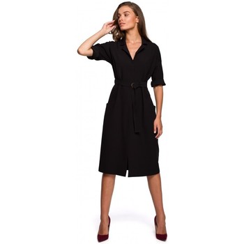 Style Vestido largo S230 Vestido camisero midi con bolsillos de parche - negro