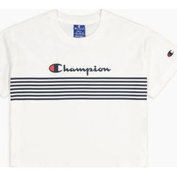 Champion Camiseta Camiseta corta con dobladillo curvo y rayas del logo de Script