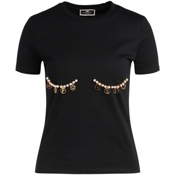 Elisabetta Franchi Camiseta Camiseta de algodón negro con perlas y