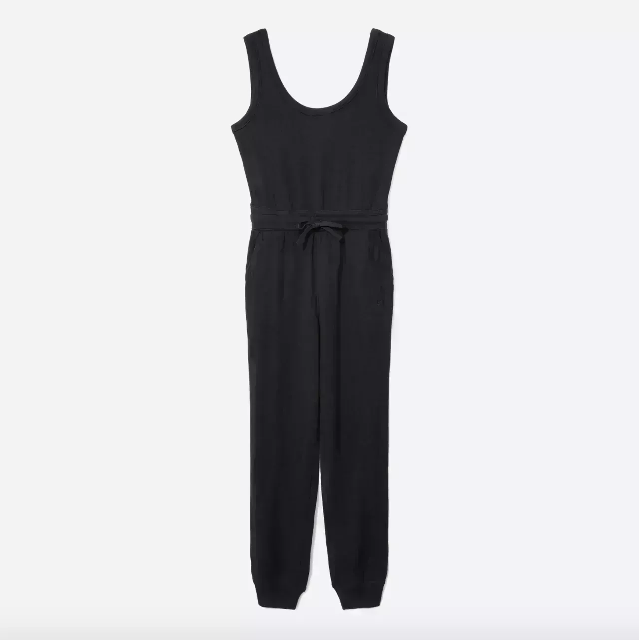 A black Everlane The French Terry Jumpsuit on white background