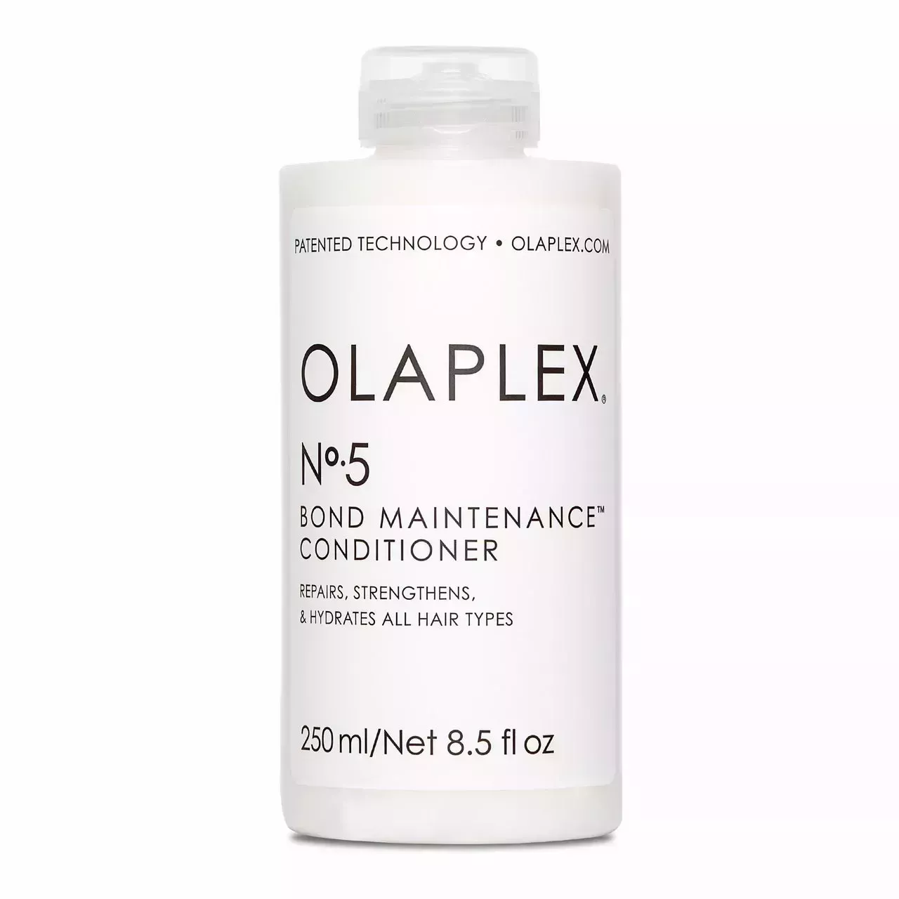 closed bottle of olaplex no 5 bond maintenance conditioner on a white background