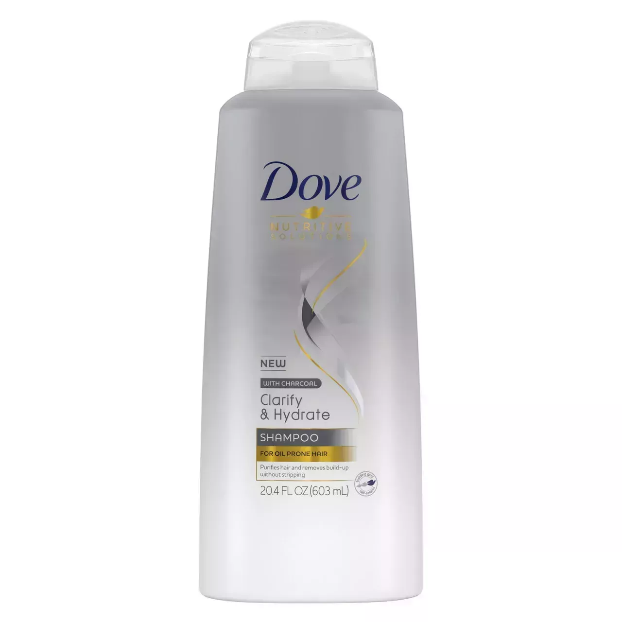 bottle of Dove Nutritive Solutions Shampoo Clarify & Hydrate on a white background