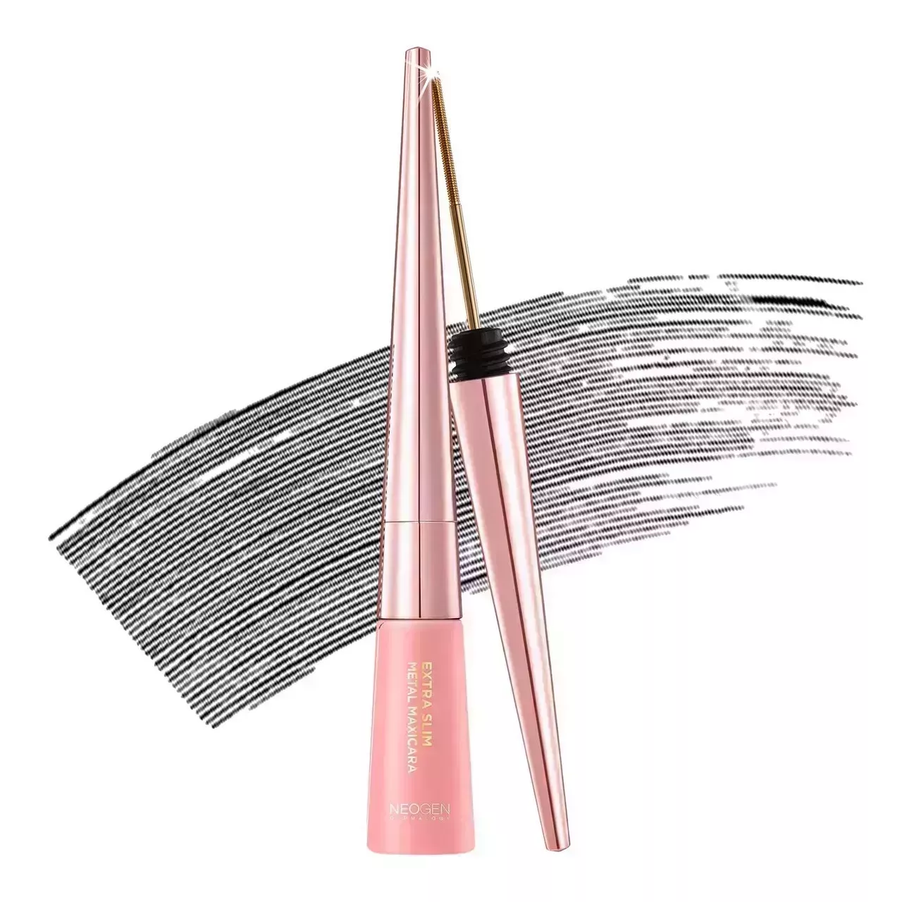 A pink tube of Neogen Dermalogy Extra Slim Metal Maxicara and wand with a black swipe of color on white background