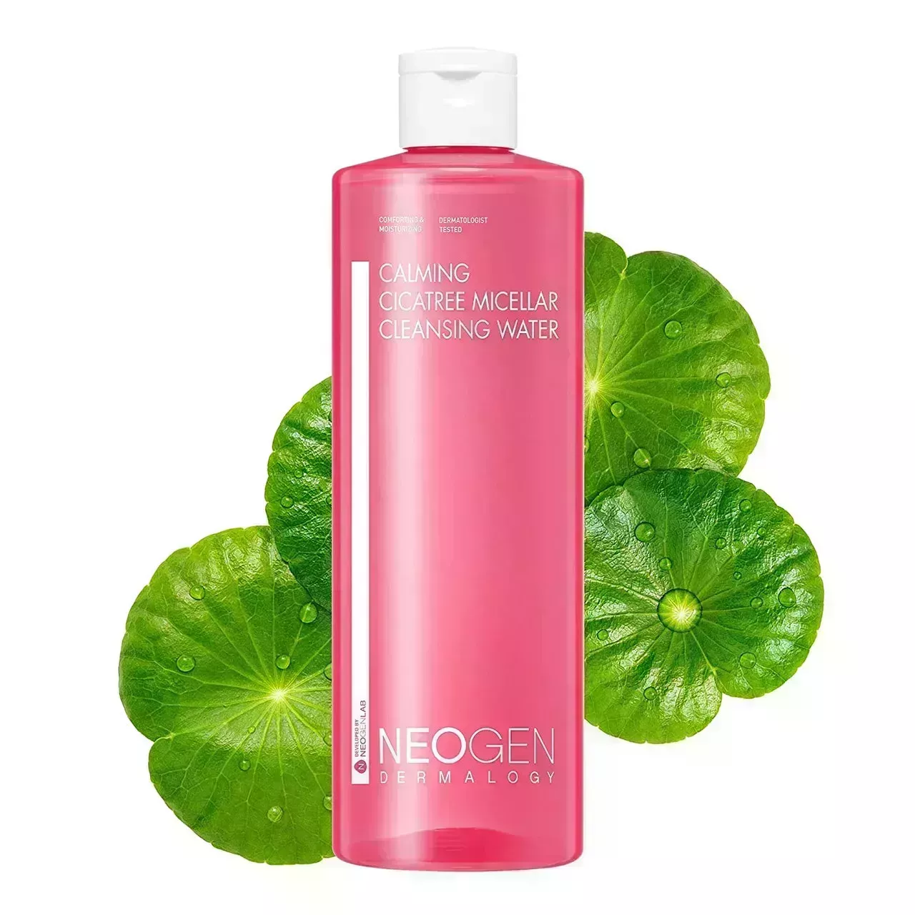 Neogen Dermalogy Calming Cicatree Micellar Cleansing Water with green leaves on white background