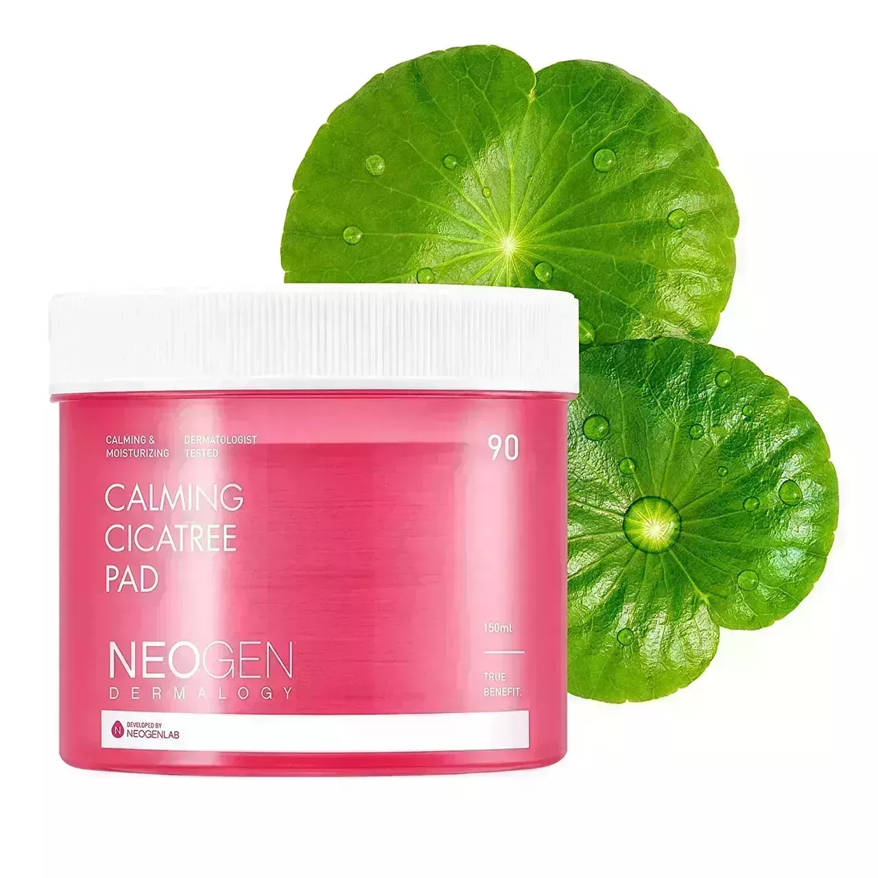 Neogen Dermalogy Calming Cicatree Pad on white background with green leaves