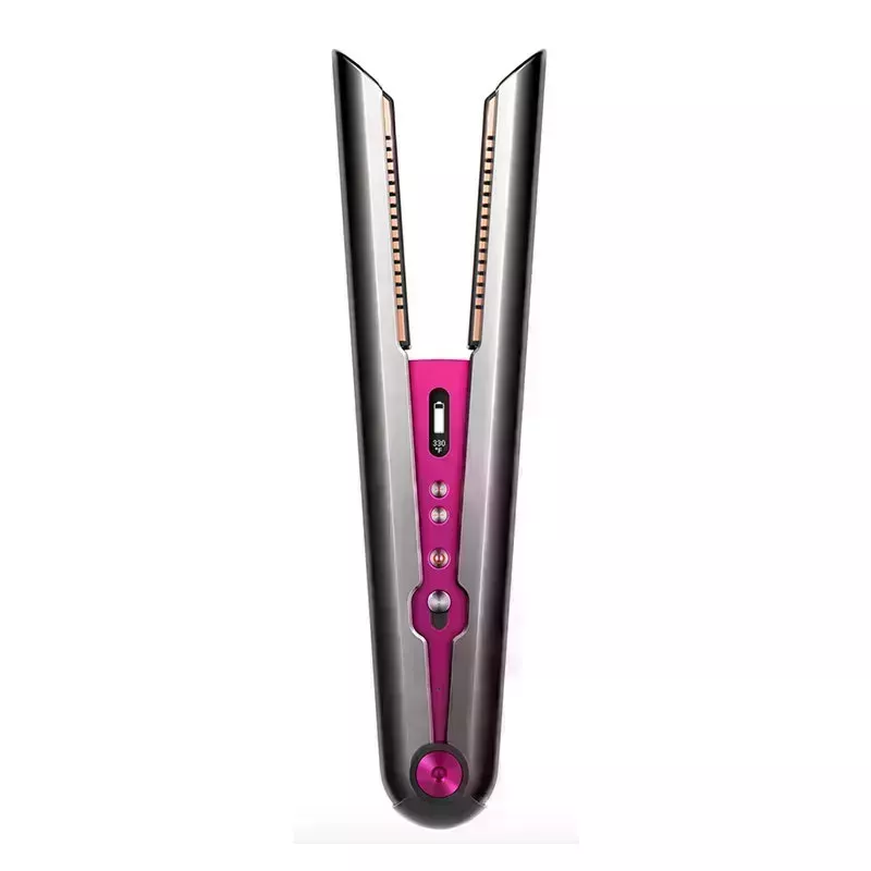 A photo of the Dyson Corrale hair straightener in the black nickel and fuchsia colorway on a white background