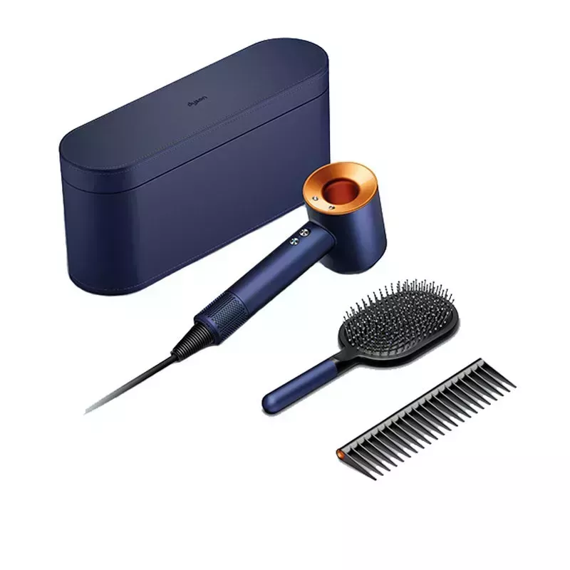A photo of the Dyson Supersonic Hair Dryer Special Edition Gift Set containing a comb, brush, blow dryer, and storage case all in blue and copper colorway on a white background