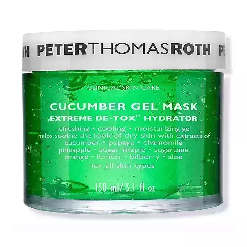 A jar of the Peter Thomas Roth Cucumber Gel Mask on a white background.
