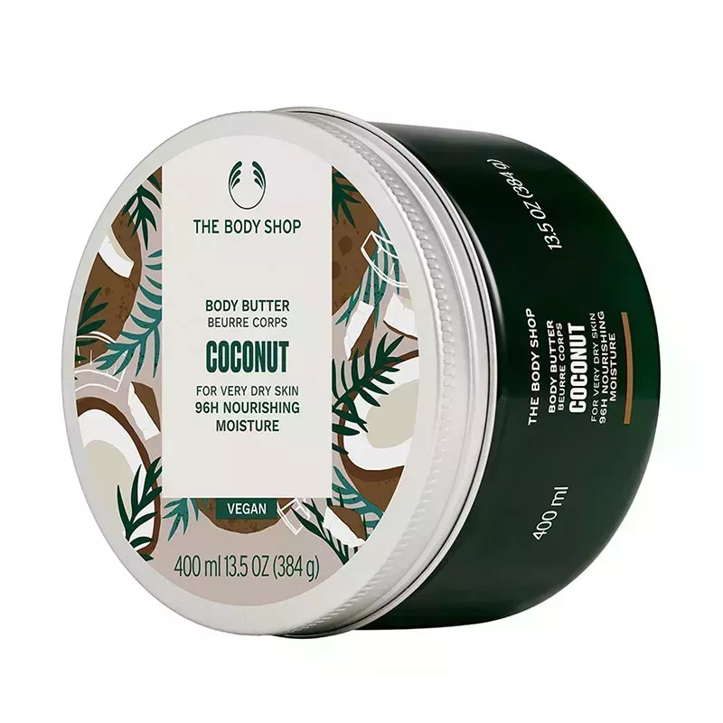 A jumbo-sized tub of The Body Shop Coconut Body Butter on a white background