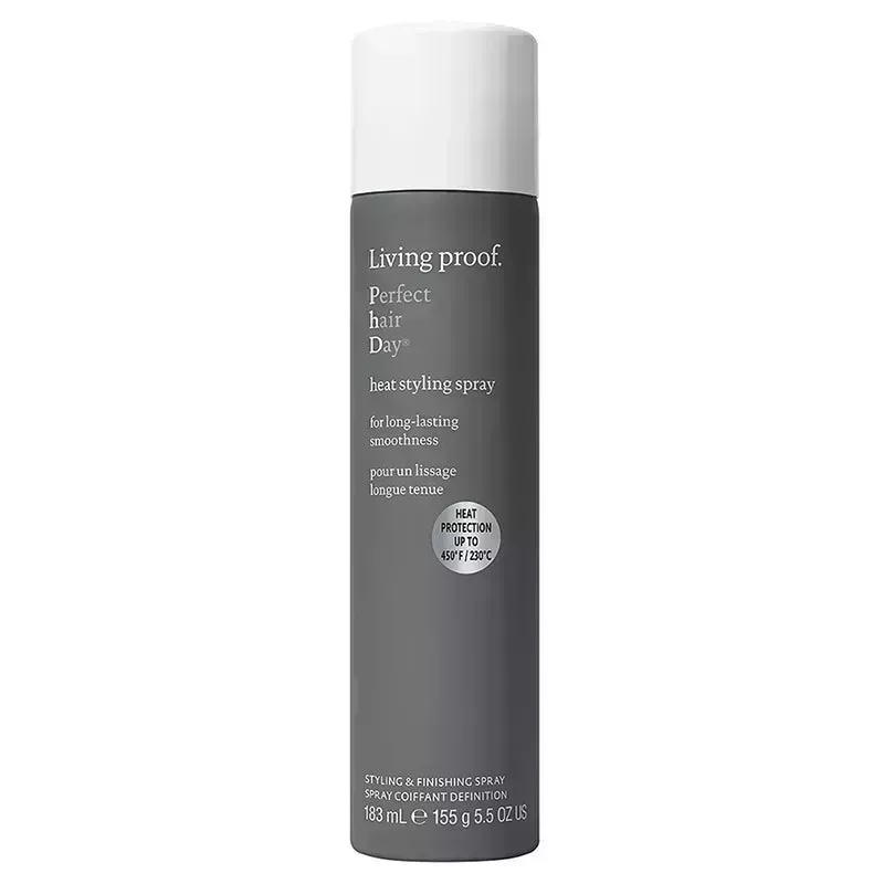 An aerosol spray can of the Living Proof Perfect Hair Day Heat Styling Spray on a white background