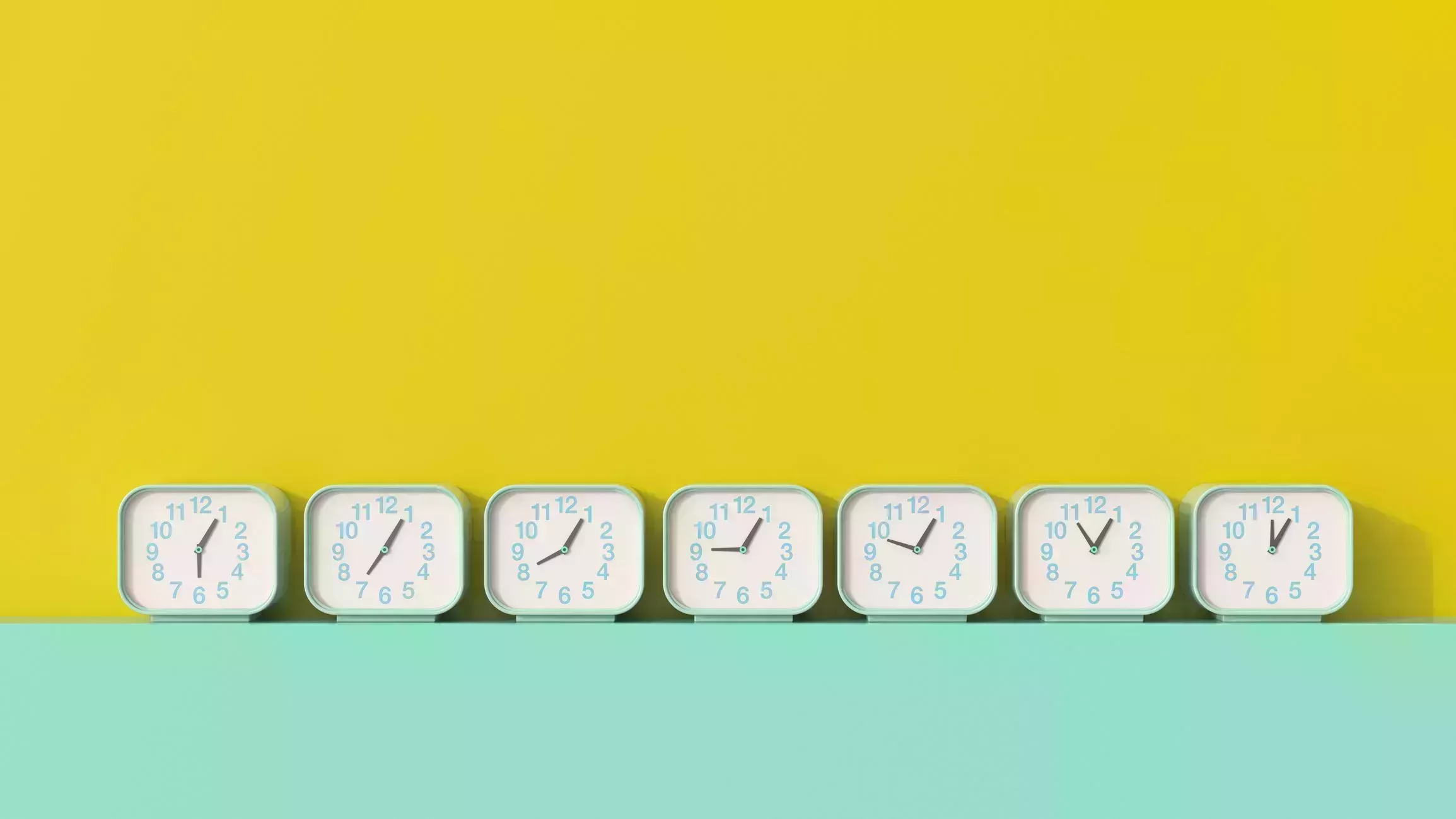 3d rendering, row of alarm clocks, showing different times