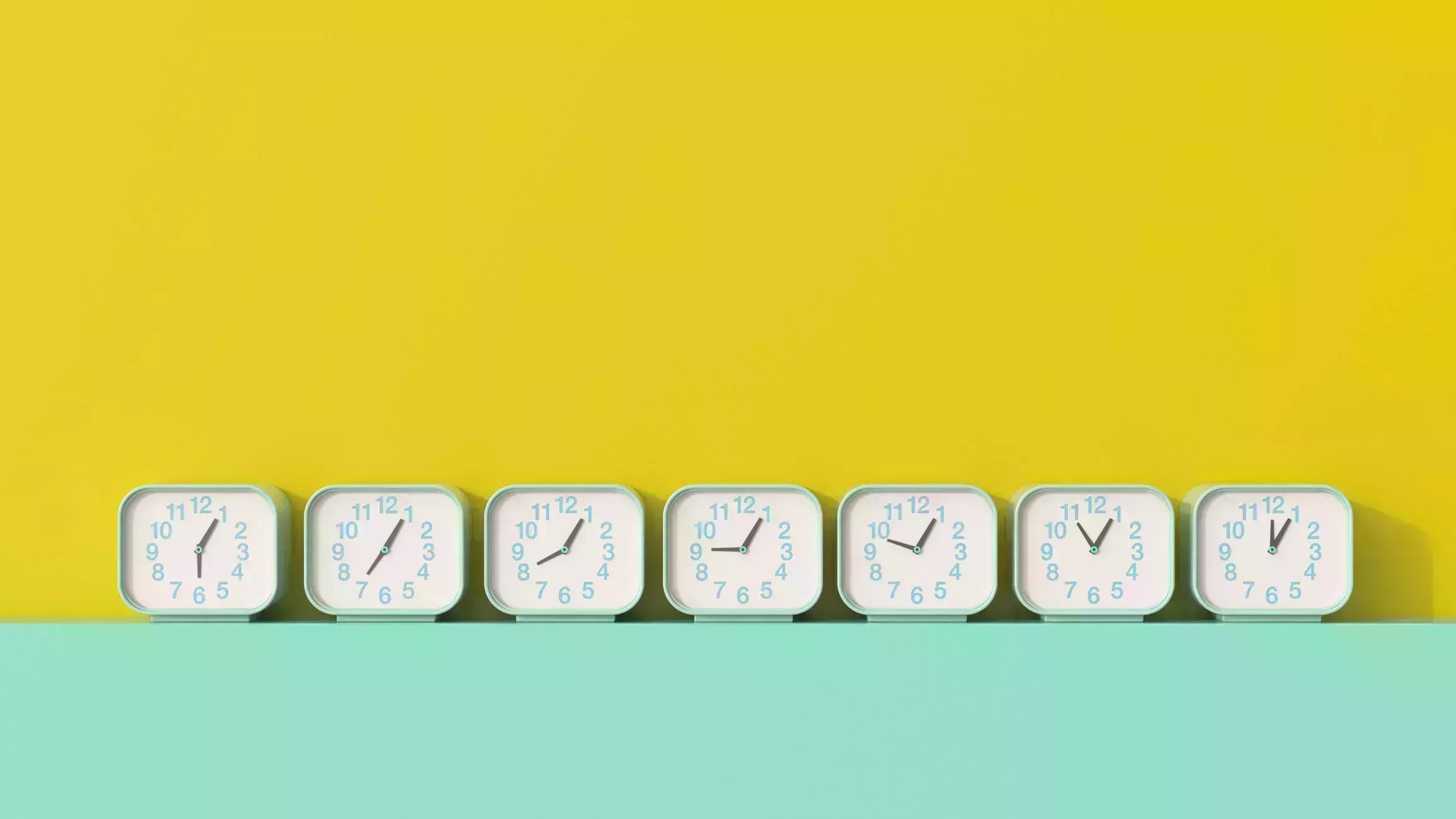 3D rendering, Row of alarm clocks, showing different times 3d rendering, row of alarm clocks, showing different times