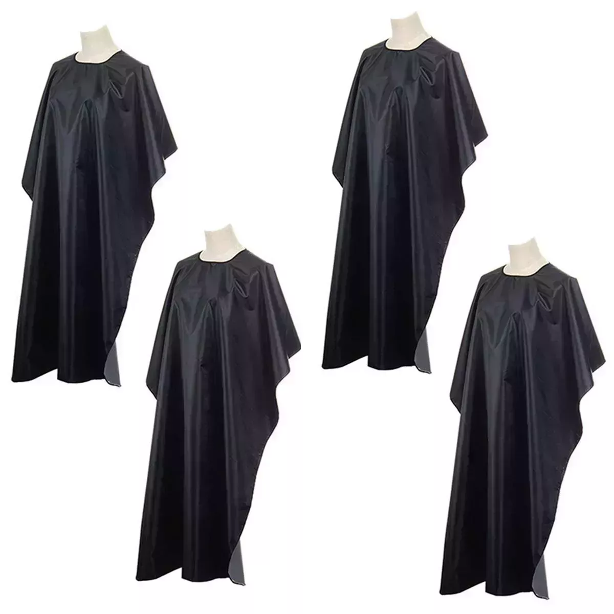 set of four black hair salon capes on mannequins set on a white background
