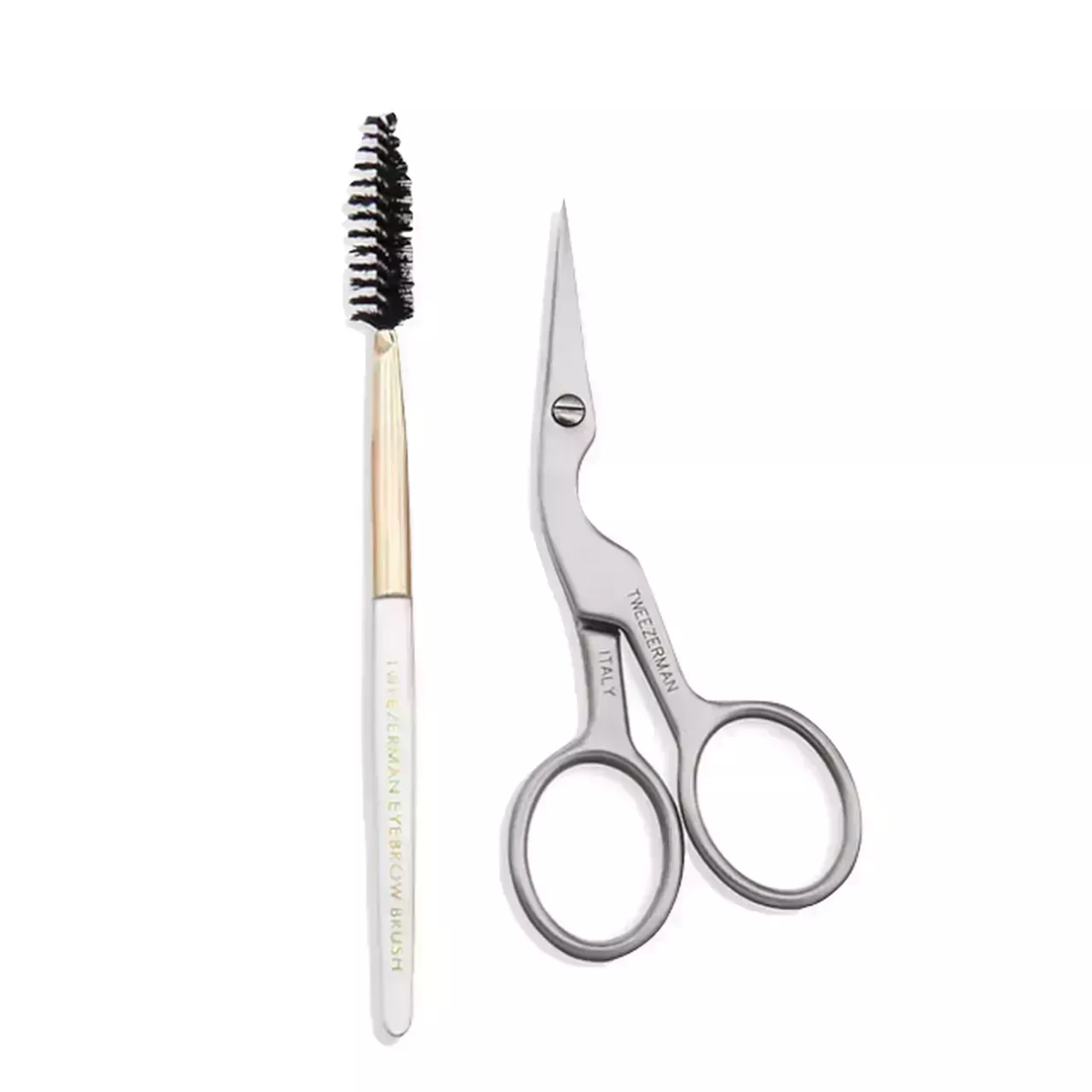 Tweezerman brow shaping scissors and spoolie on a white background