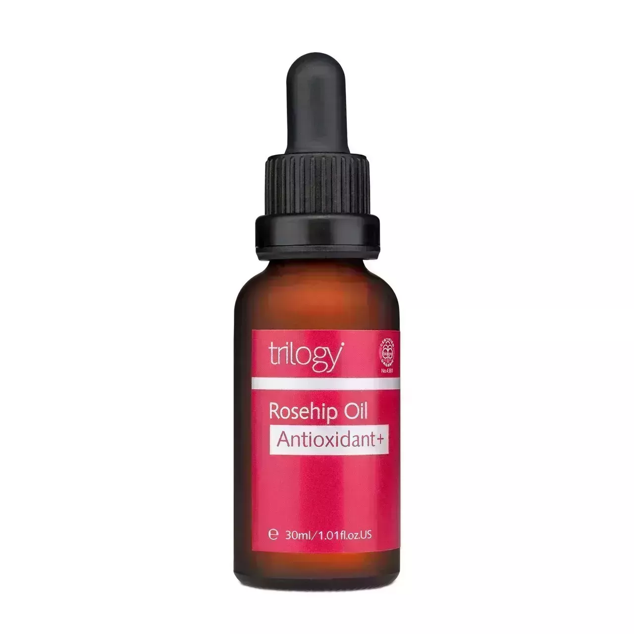 Best Facial Oils of 2020: Dark brown and red bottle of Trilogy Rosehip Oil Antioxidant+ on white background