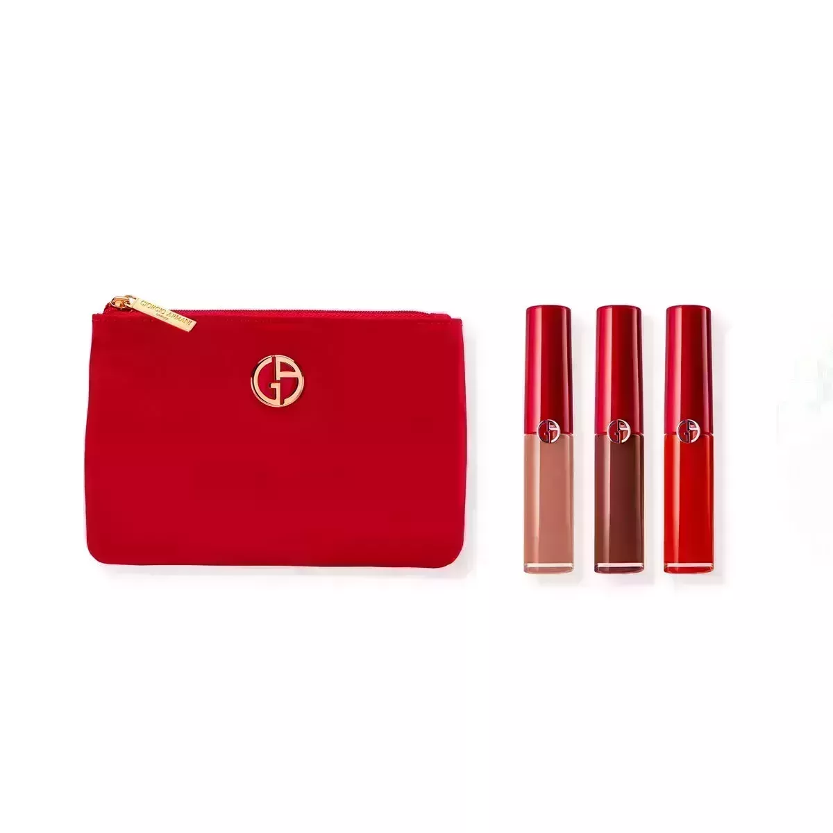 Giorgio Armani Lip Maestro Mini Lipstick Set with red pouch on white background