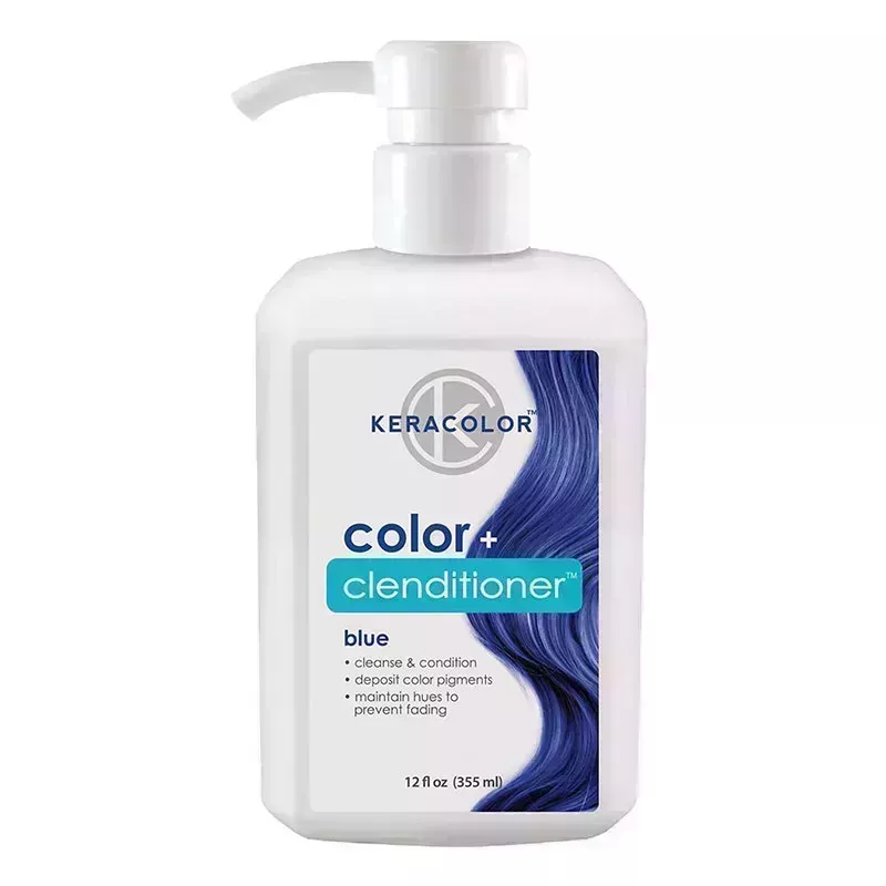 A bottle of the Keracolor Color + Clenditioner in the shade Blue on a white background
