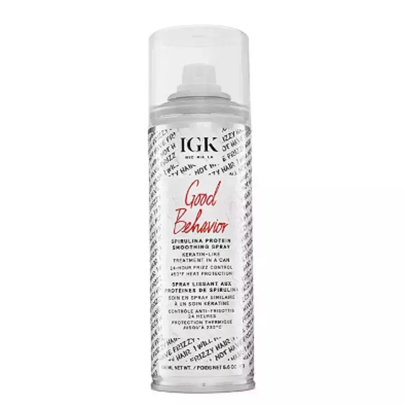 An aerosol can of the IGK Good Behavior Spirulina Protein Smoothing Spray 