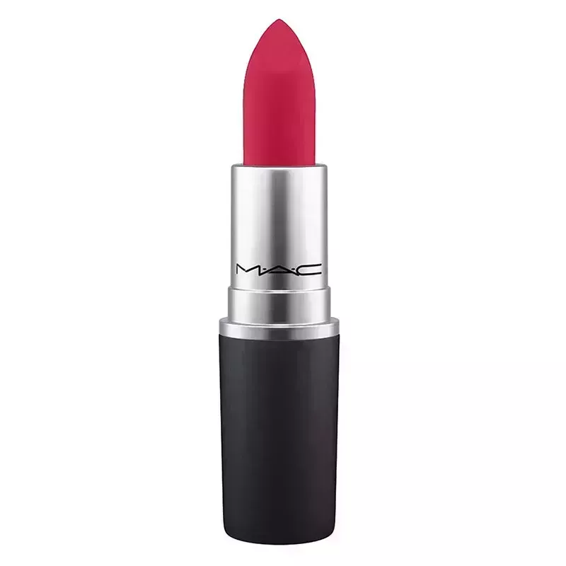 A tube of the Mac Powder Kiss Lipstick in shade Shocking Revelation on a white background