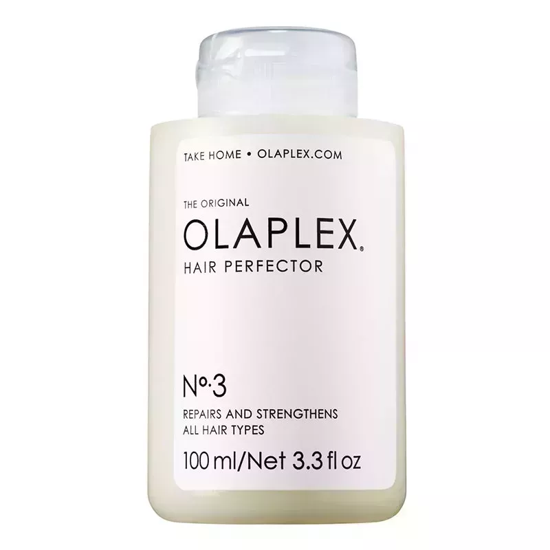 A bottle of the Olaplex No. 3 Hair Perfector on a white background
