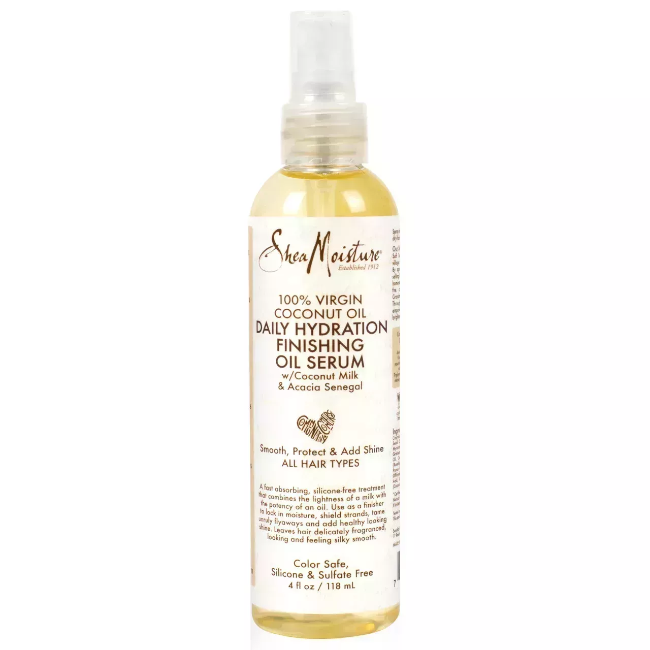 bottle of SheaMoisture coconut oil finishing serum on a white background