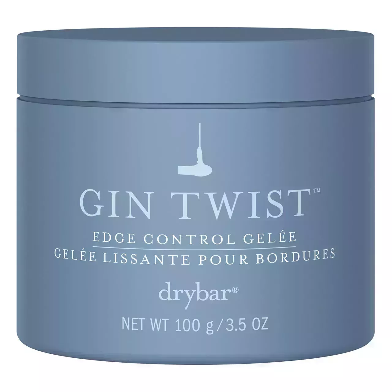 grey-blue jar of drybar gin twist edge control on a white background