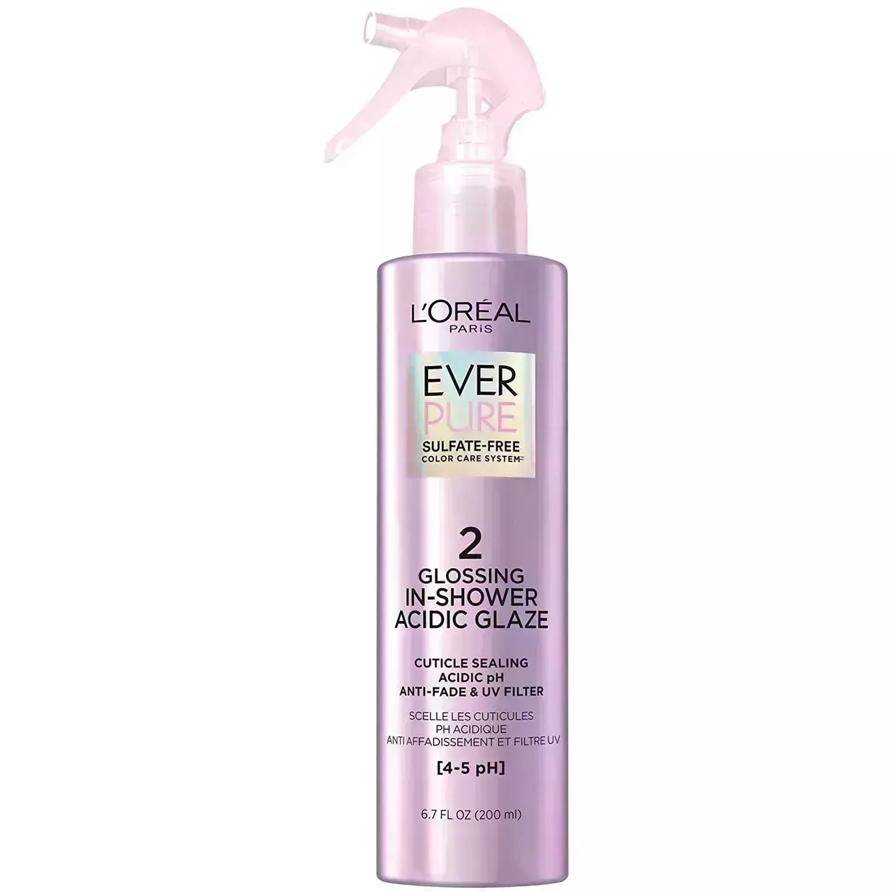 metallic pink spray bottle of L'Oréal Paris's EverPure Glossing In Shower Acidic Glaze on a white background
