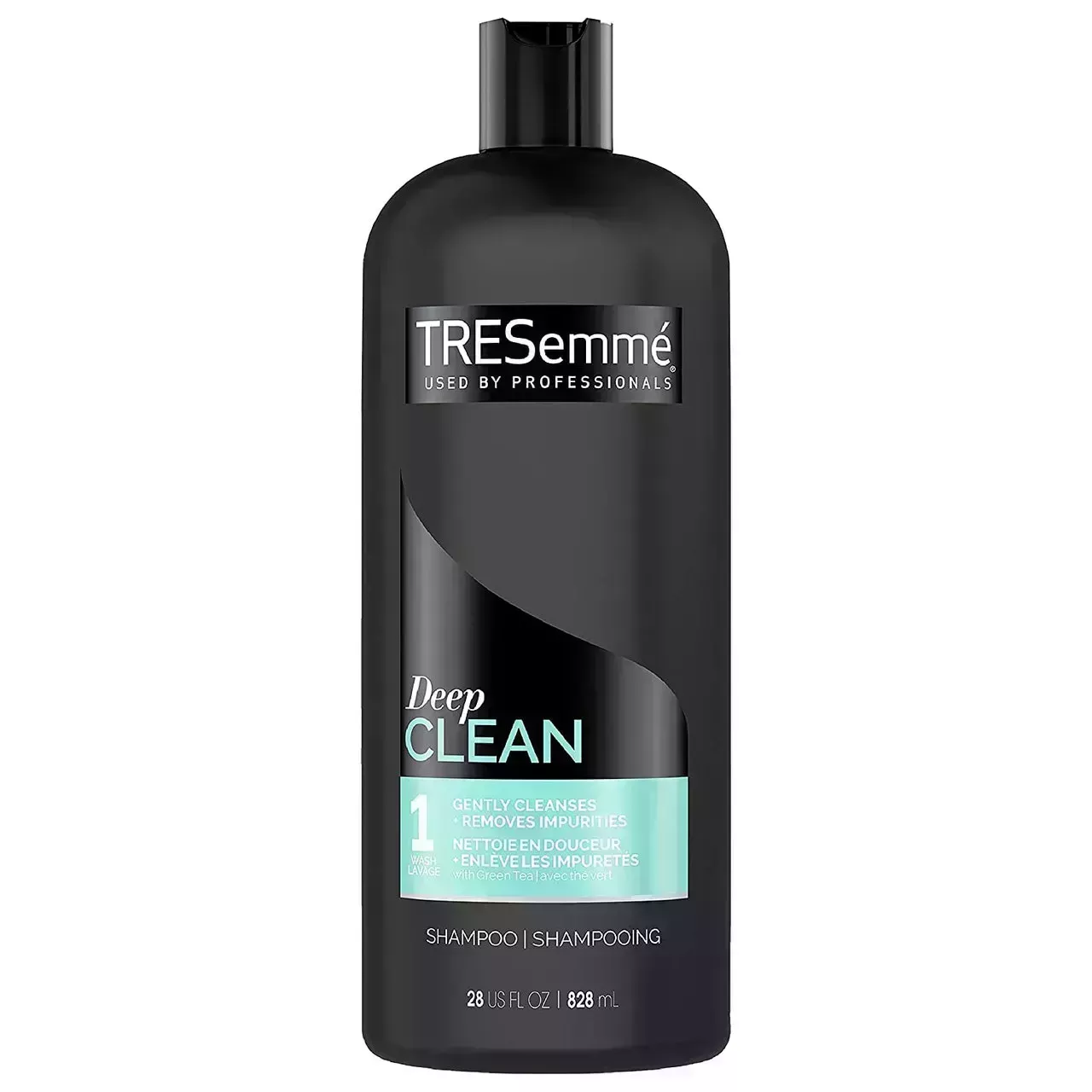 bottle of tresemme deep clean shampoo on a white background