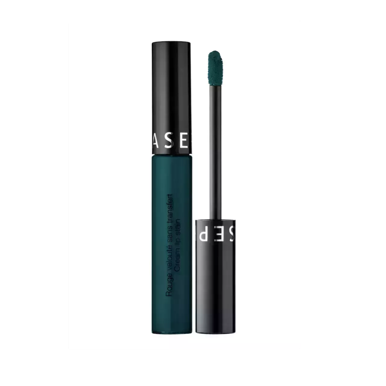 tube of Sephora Collection Cream Lip Stain Liquid Lipstick in Dark Forest next to applicator with deep teal lipstick pigment on white background