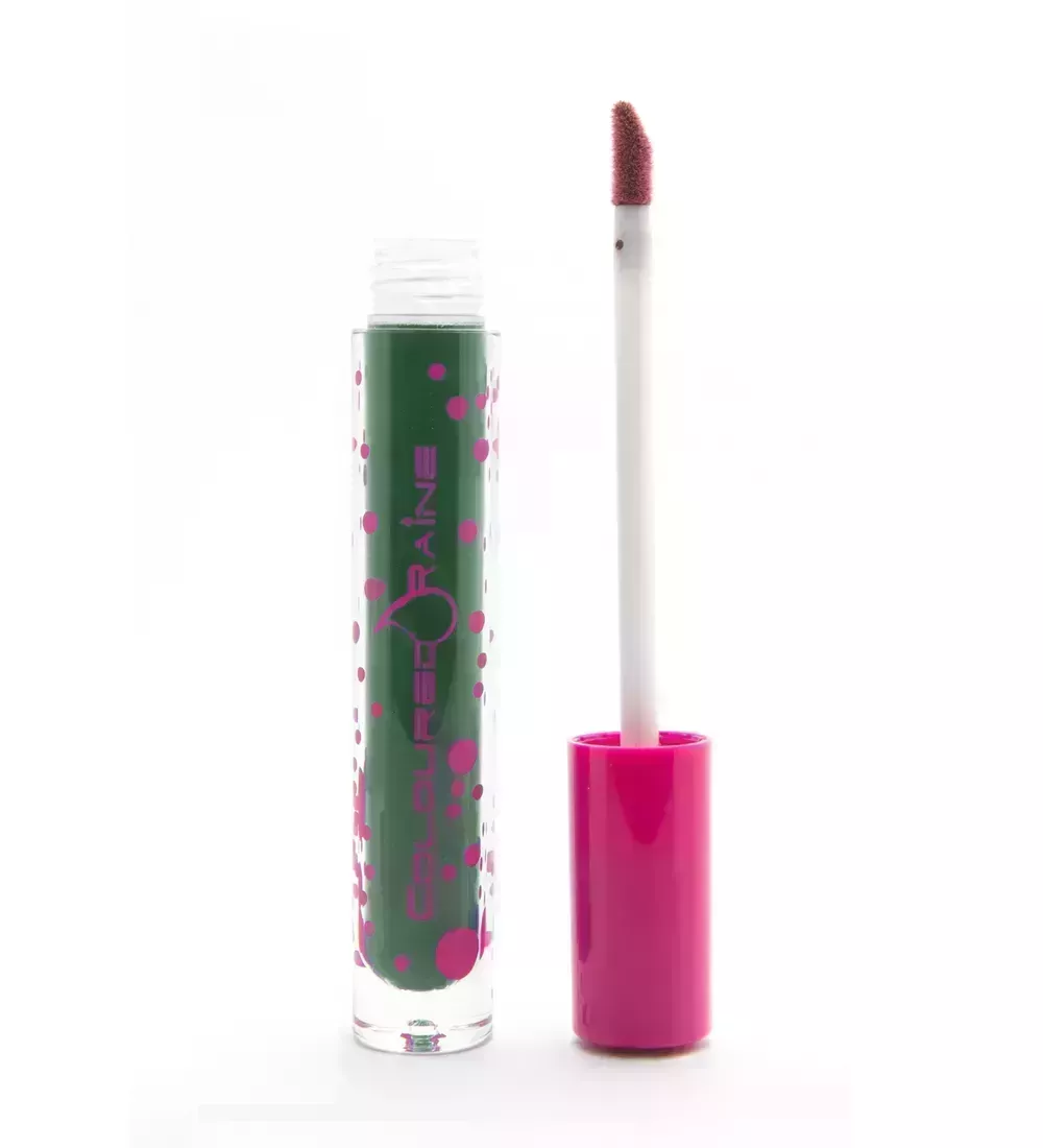 open tube of Coloured Raine Liquid Lipstick in hunter green shade Ivy on white background