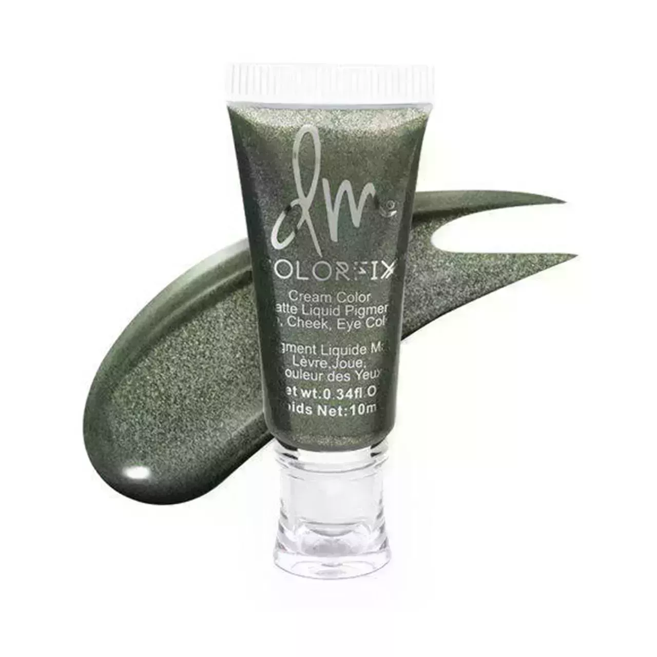 tube of Danessa Myricks Matte Colorfix in shimmery dark olive shade Secret Garden with swatch of the pigment on white background