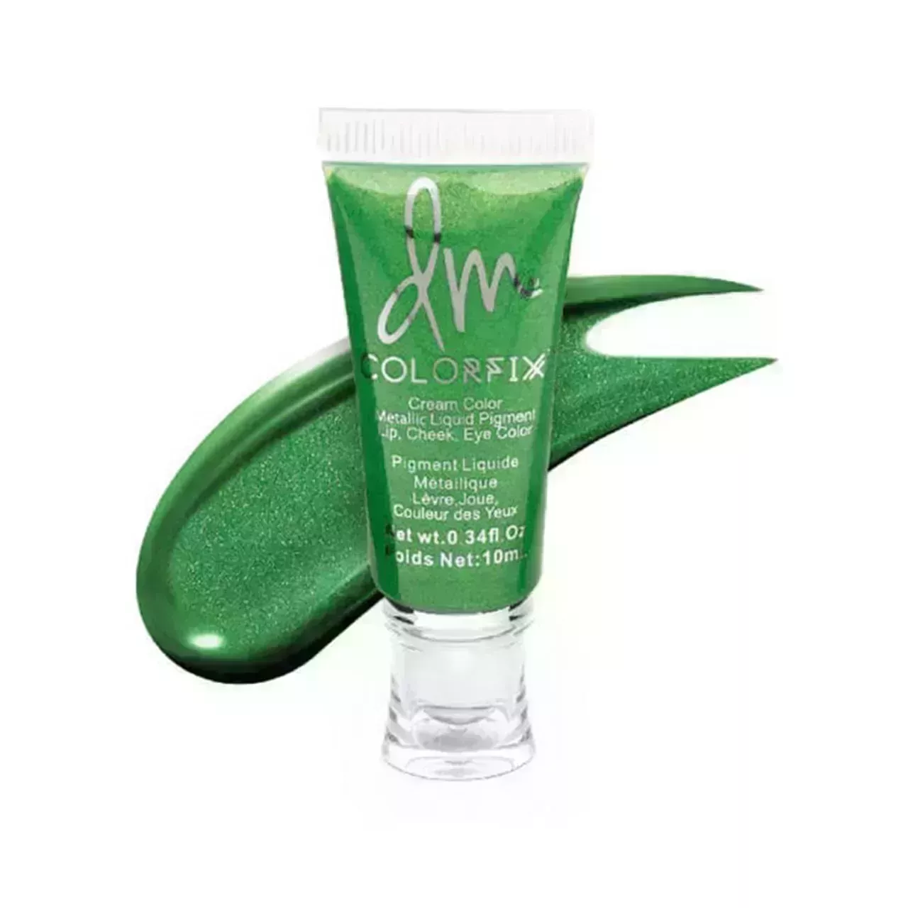 Danessa Myricks Metallic Colorfix in shimmery shamrock green shade Limesickle with swatch of the pigment on white background