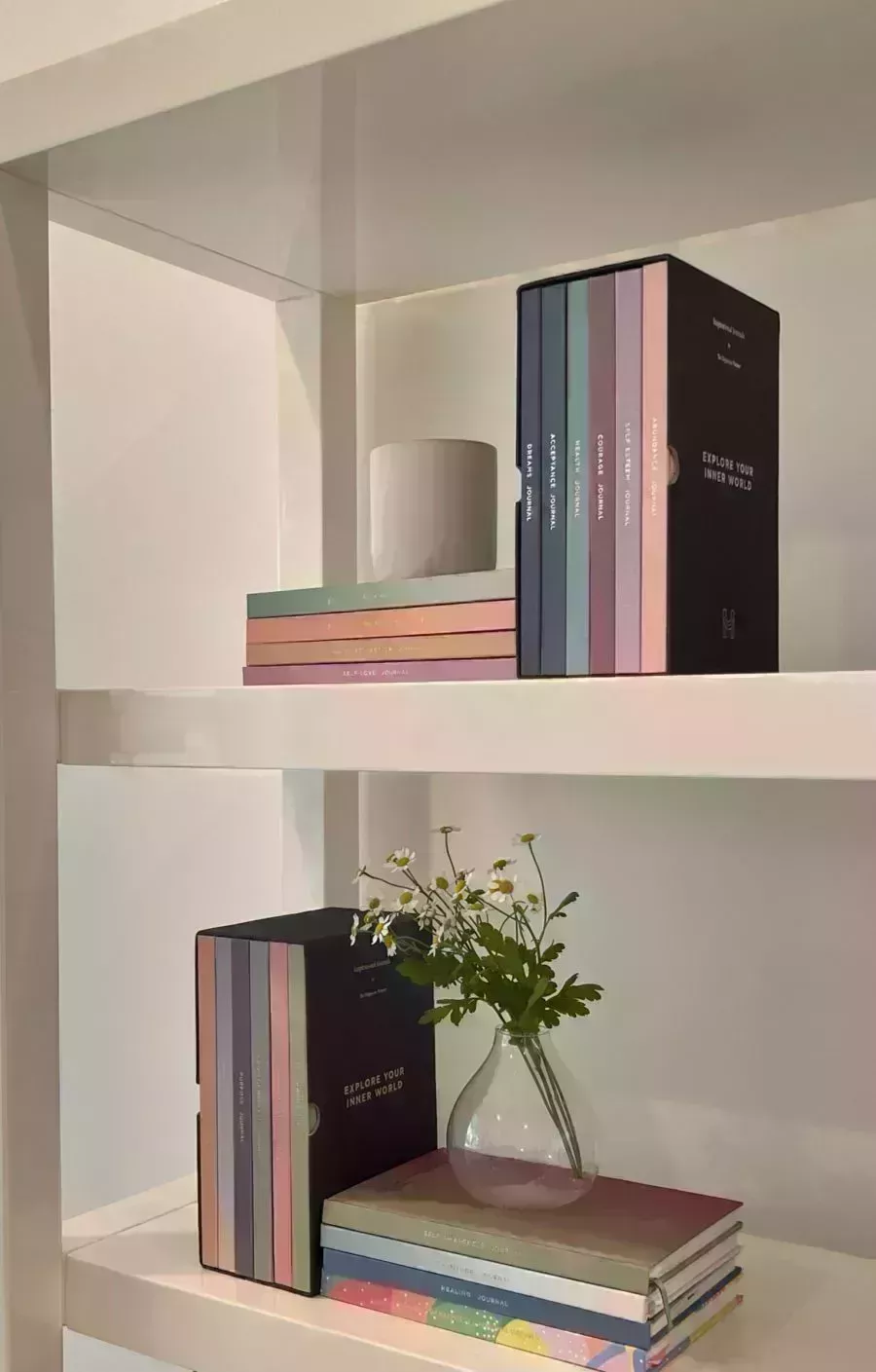 journals on bookshelf