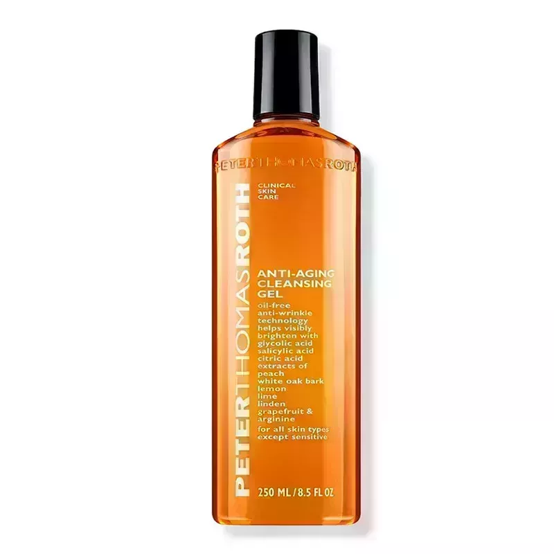 An orange bottle of the Peter Thomas Roth Anti-Aging Cleansing Gel on a white background