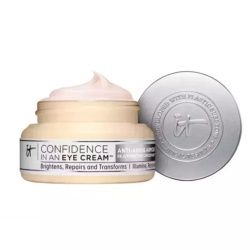 A yellow jar of the It Cosmetics Confidence In An Eye Cream on a white background