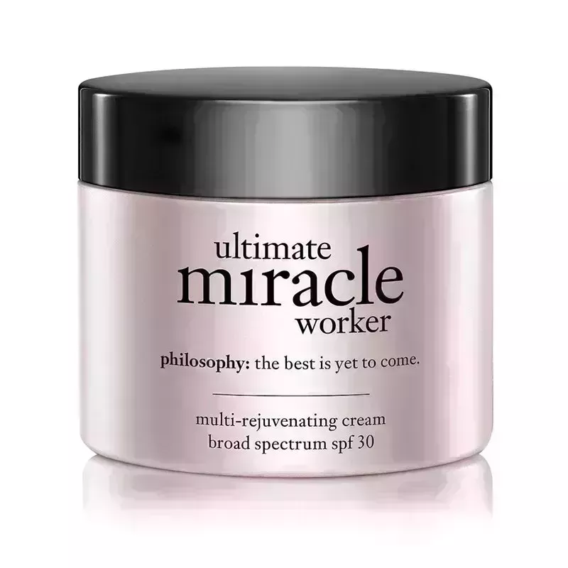 A jar of the Philosophy Ultimate Miracle Worker SPF 30 Moisturizer on a white background